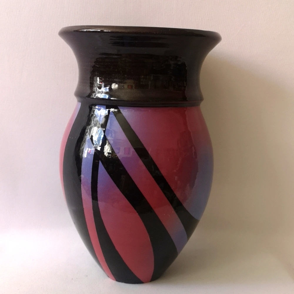 Vintage Signed Studio Art Pottery Vase w/ Vibrant Pink & Blue Glaze with Black